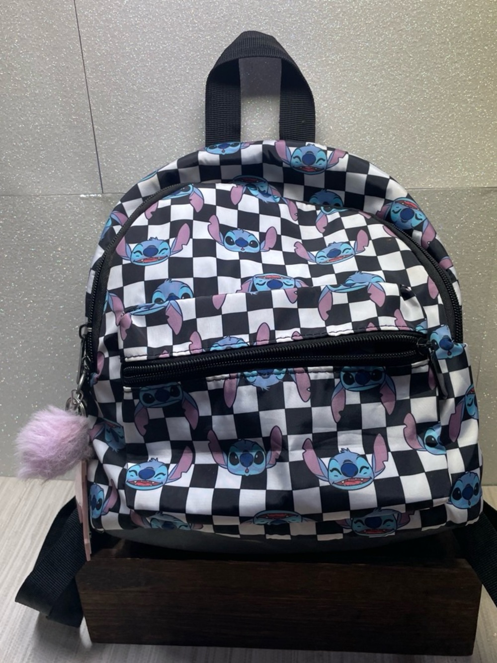 Black & White Checker Stitch Mini Backpack with Blue Cartoon Print